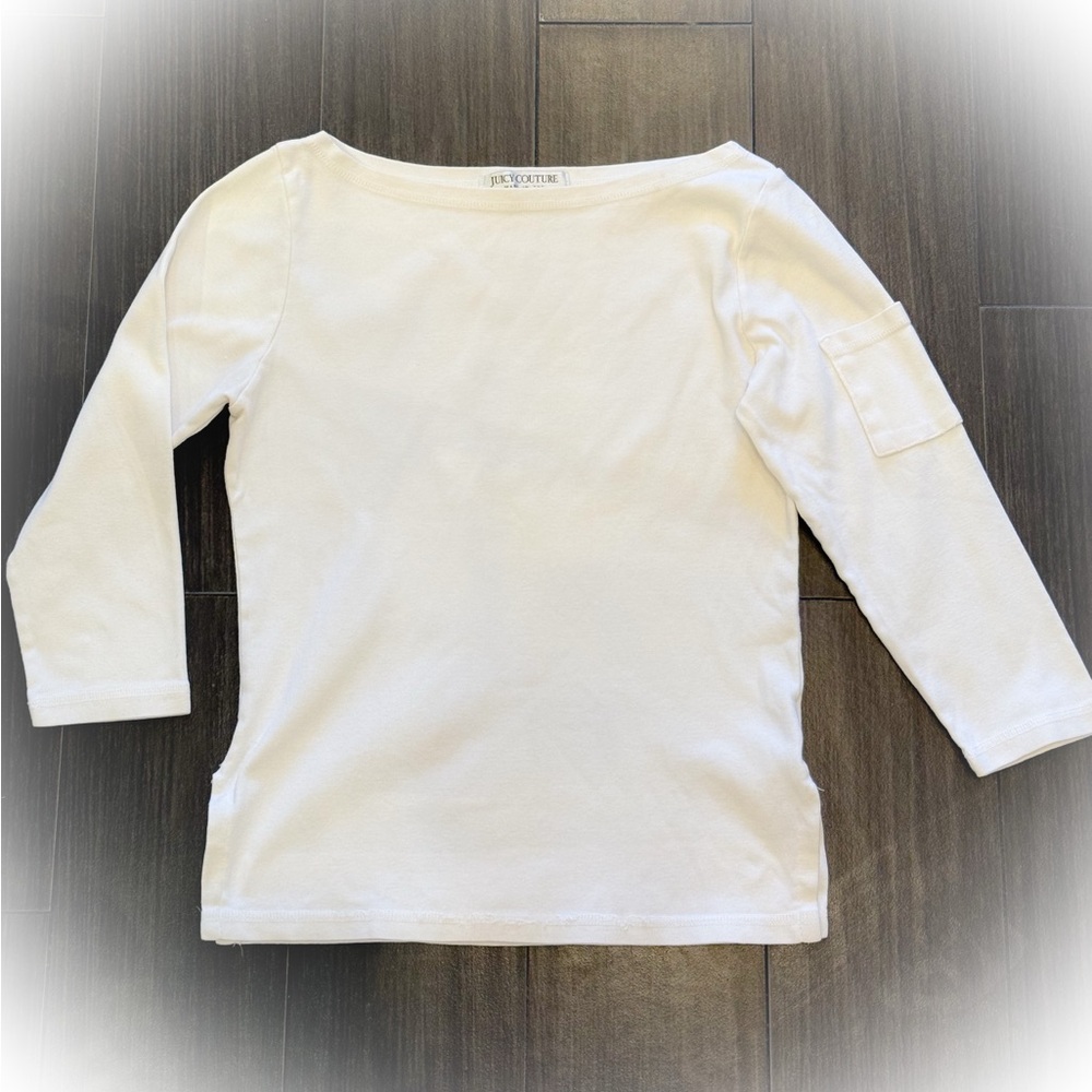 Vintage Juicy Couture Cotton White Long Sleeve Tee With Pocket Detail On Arm